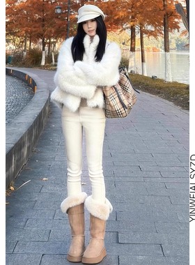 现货】美式复古高腰显腿长白色铅笔裤女冬加绒弹力小脚紧身牛仔裤