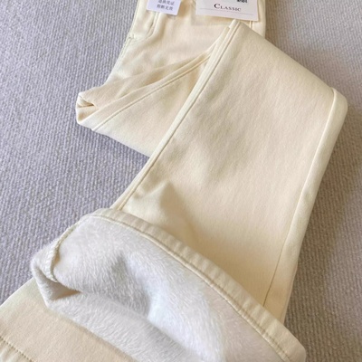 秋冬加绒加厚微喇叭牛仔裤女米白色高腰弹力显瘦百搭小个子马蹄裤