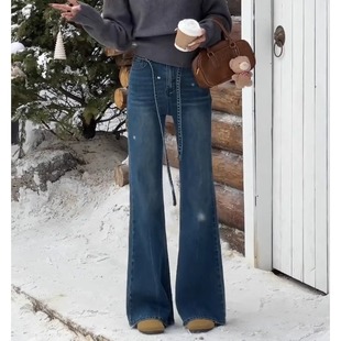 复古蓝不贴腿加绒微喇牛仔裤女秋冬季2025新款高腰窄版直筒喇叭裤