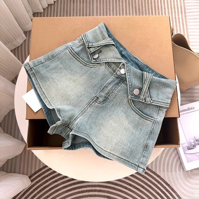 王牌热裤~蓝绿色高腰牛仔短裤女2025新款夏季A字显瘦百搭辣妹热裤