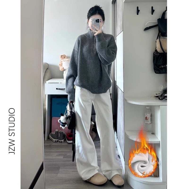 美式白色阔腿牛仔裤女秋冬加绒高腰宽松显瘦垂感拖地小个子直筒裤