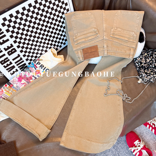 卡其色复古显瘦修身微喇牛仔裤女2026春季新款高腰弹力马蹄喇叭裤