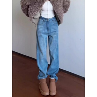 加绒加厚牛仔裤女秋冬季2026新款小个子高腰显瘦直筒窄版阔腿裤子