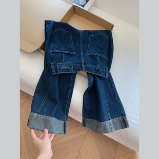 深蓝色卷边工装窄版直筒牛仔裤阔腿宽松女士法棍梧桐裤子2025新款