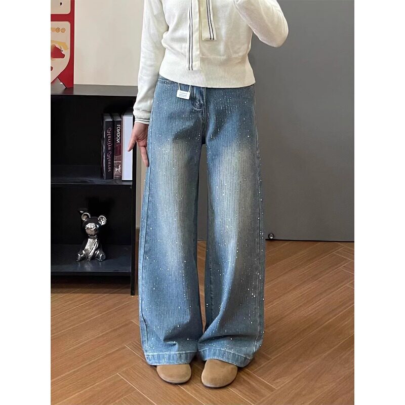 烫钻阔腿牛仔裤女2026春季新款大码胖mm梨型身材宽松显瘦直筒长裤