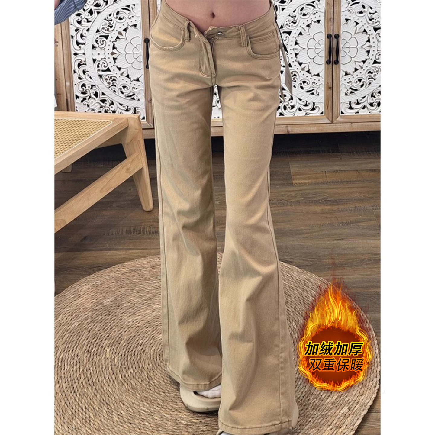 卡其色小个子加绒微喇牛仔裤女2025秋冬新款垂感直筒不贴腿喇叭裤