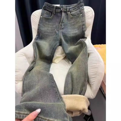 美式复古加绒加厚微喇牛仔裤女冬季大码胖mm高腰遮胯梨型身材裤子