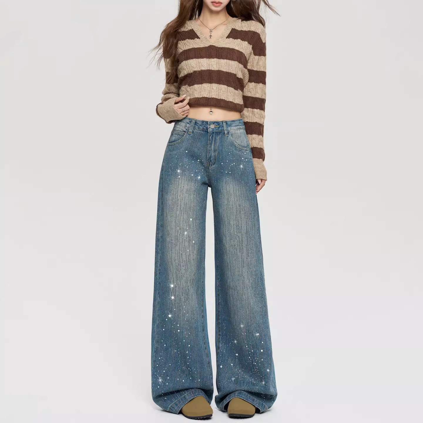 带钻牛仔裤女2026春季新款辣妹满天星烫钻爆闪宽松直筒垂感阔腿裤