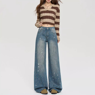 带钻牛仔裤女2026春季新款辣妹满天星烫钻爆闪宽松直筒垂感阔腿裤