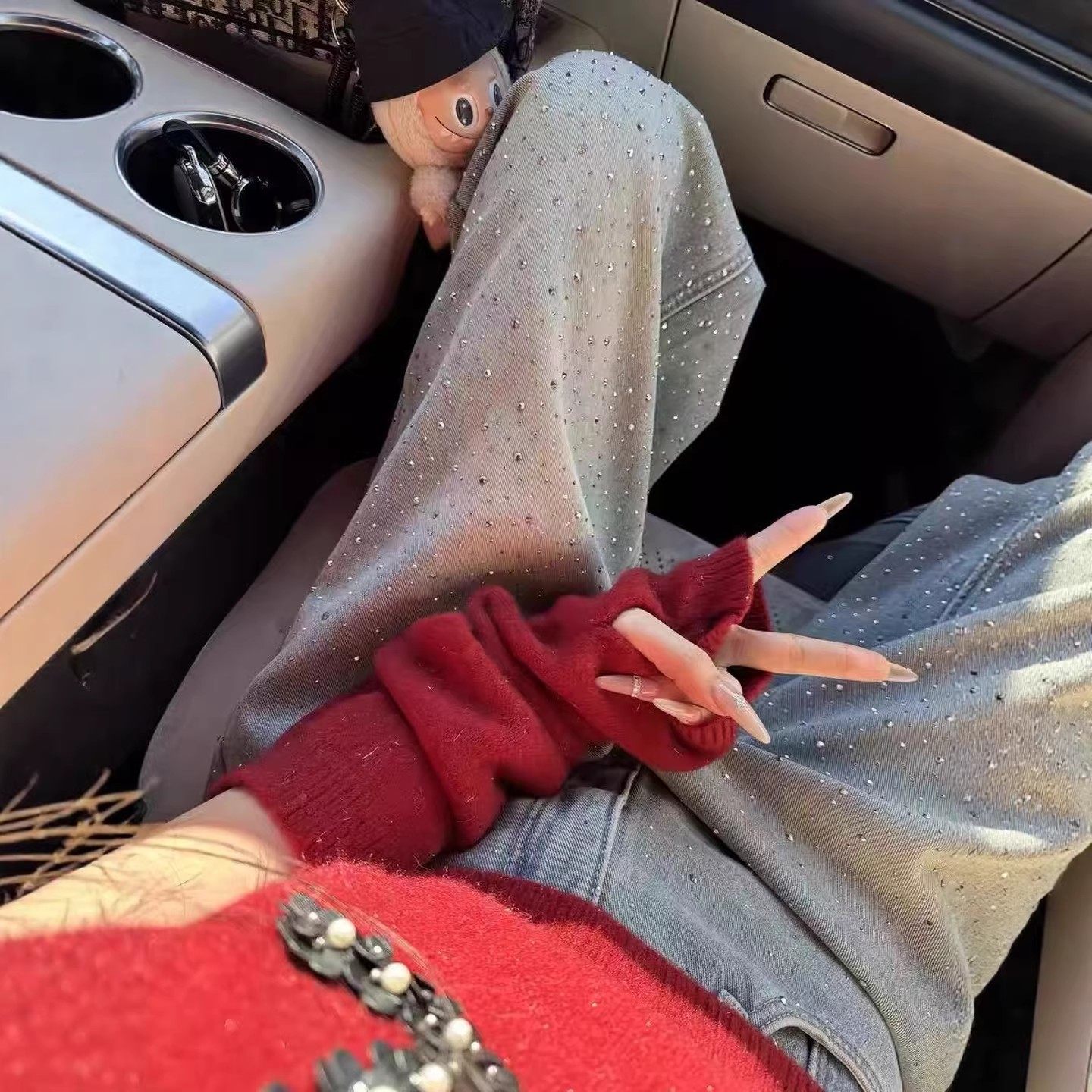 超火闪闪烫钻牛仔裤女春季新款浅色时髦高腰宽松显瘦阔腿拖地裤潮