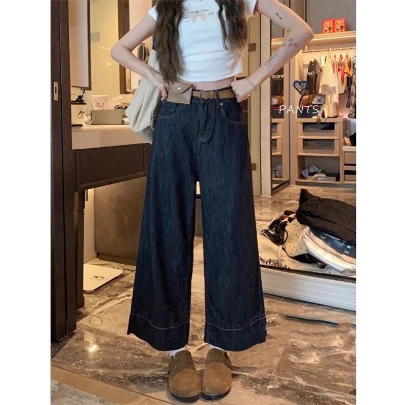 复古蓝色阔腿直筒牛仔裤女春季2025新款时尚高腰九分休闲显瘦裤子