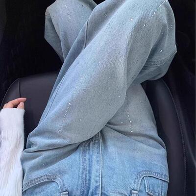 浅蓝色亮片烫钻重工牛仔裤女2026新款春秋季高腰显瘦梧桐阔腿裤子