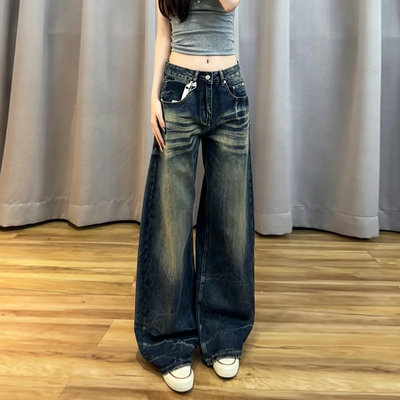美式水洗做旧阔腿牛仔裤女秋薄款2026爆款超火裤子垂感时尚拖地裤
