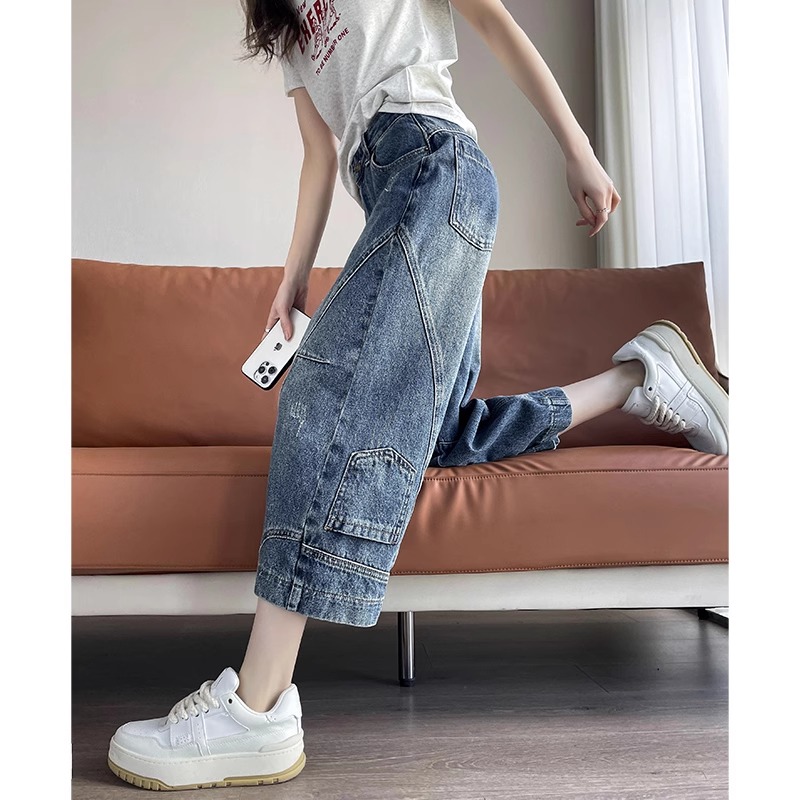八分阔腿牛仔裤女2025新款夏季薄款美式拼接弯刀裤小个子九分裤子