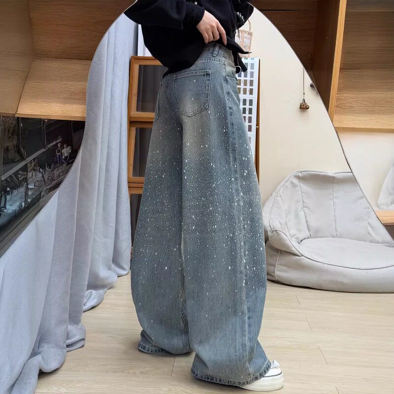 蓝色满天星烫钻阔腿裤女春季新款大码胖mm高腰宽松显瘦直筒牛仔裤