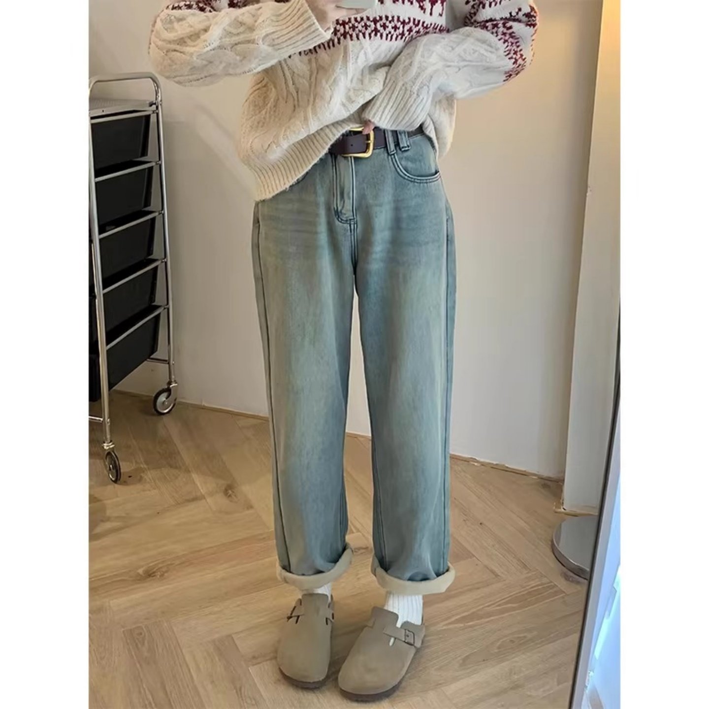 加绒加厚直筒牛仔裤女冬季新款大码胖mm梨形身材宽松显瘦阔腿长裤