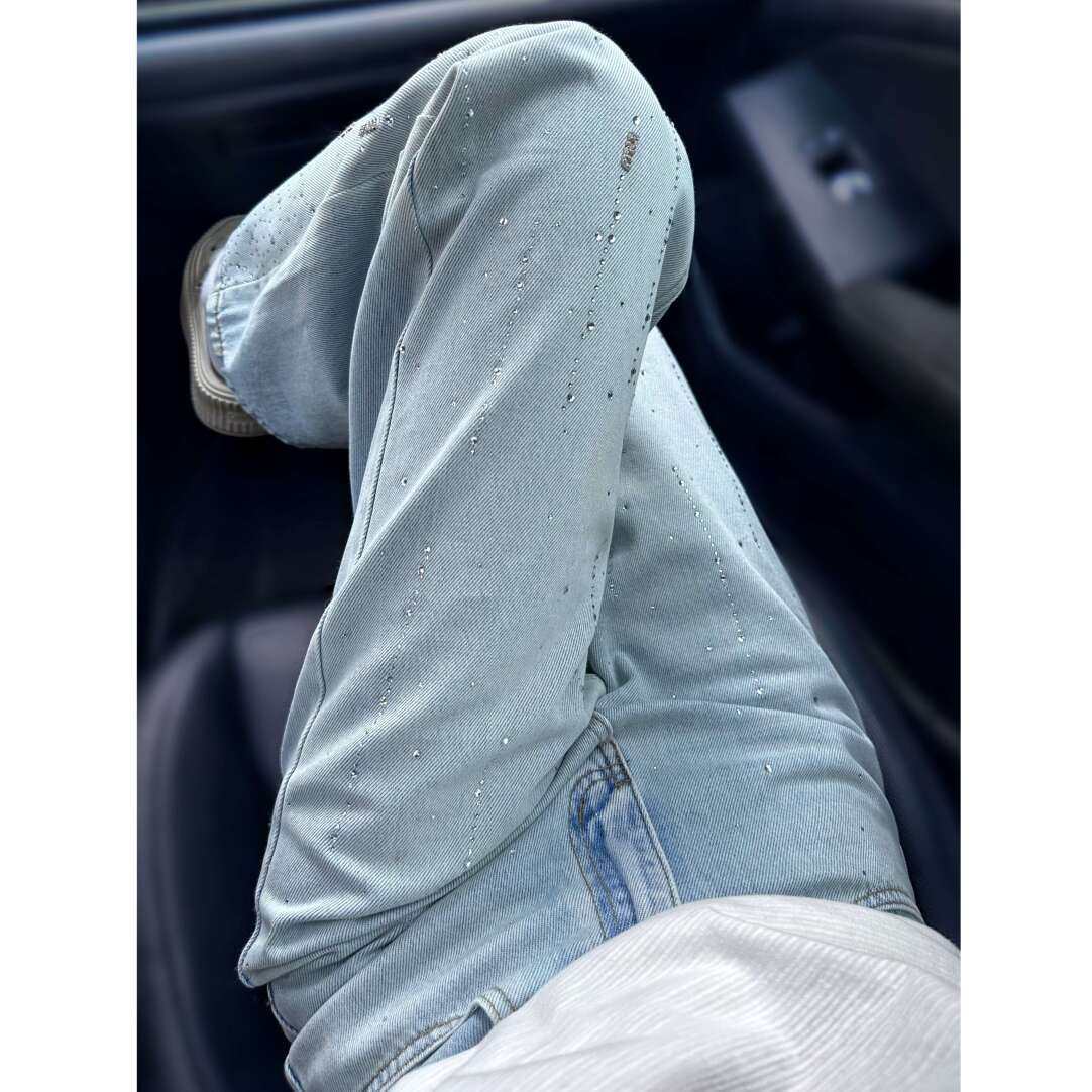 2026春季新款高腰阔腿裤流星烫钻浅蓝色直筒牛仔裤女百搭宽松长裤