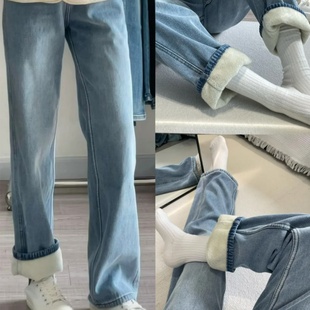 加绒加厚直筒牛仔裤女2025秋冬新款大码胖mm高腰遮胯显瘦阔腿裤子