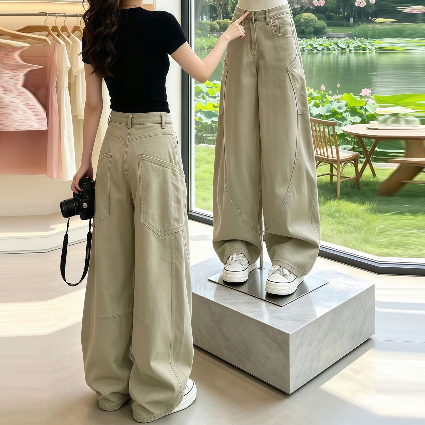 卡其色高腰宽松弯刀牛仔裤女2026年秋季新款慵懒风遮肉显瘦拖地裤