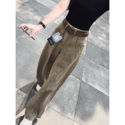 卡其色美式复古弯刀阔腿牛仔裤女2026秋季新款高腰宽松百搭拖地裤