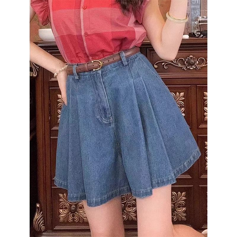 港风复古蓝色牛仔短裤裙女2025新款夏季显瘦百搭气质A字半身裤裙
