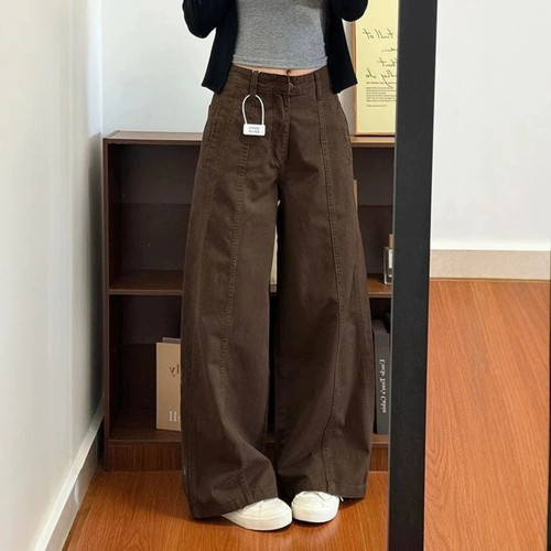 棕咖色阔腿工装牛仔裤女秋季新款大码胖mm宽松显瘦遮胯百搭弯刀裤