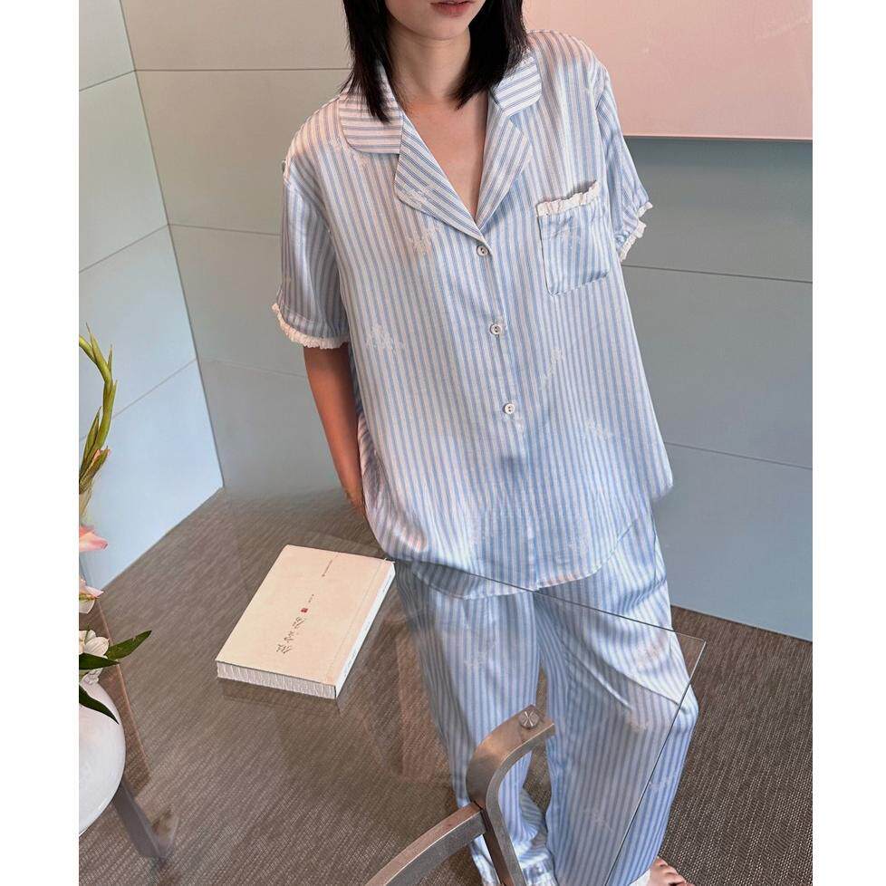 新款短袖长裤常规条纹睡衣家居服套装女士蓝色睡裙夏季上衣家居服