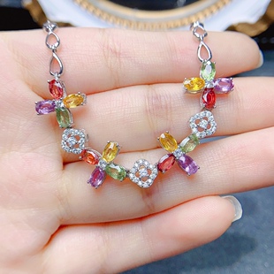 天然彩蓝宝手链，晶体全净火彩爆闪，S925银精工镶嵌3*5mm