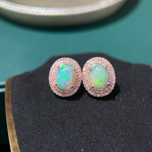 【中国地质大学】欧泊耳钉 晶体干净，满满的火彩7*9mmS925银