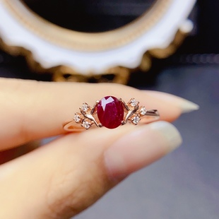 【中国地质大学】天然新烧红宝石戒指，晶体全净火彩爆闪，S925银