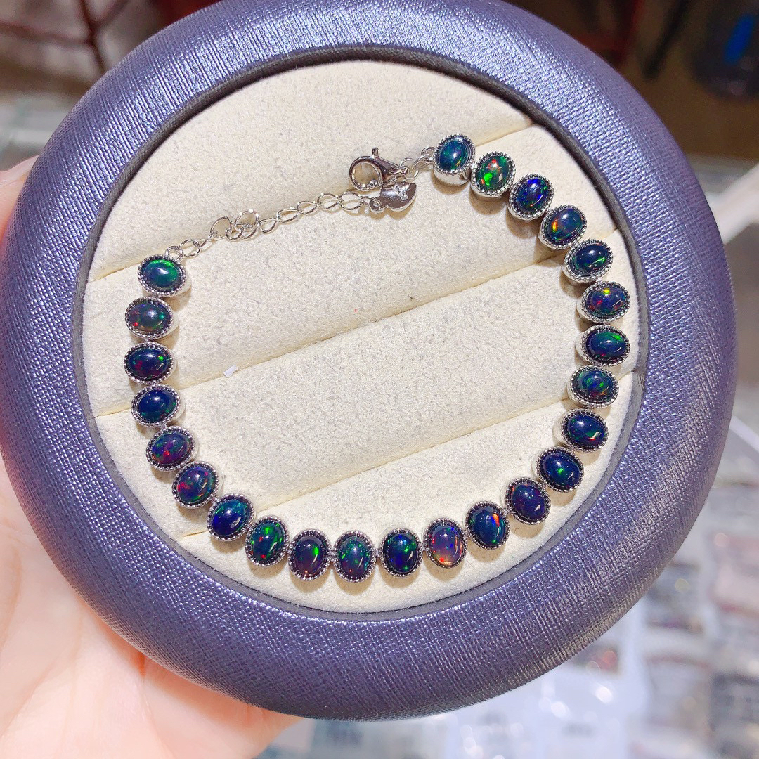 天然黑欧泊手链，925银镀白金玫瑰金镶嵌4X6mm情人节礼物