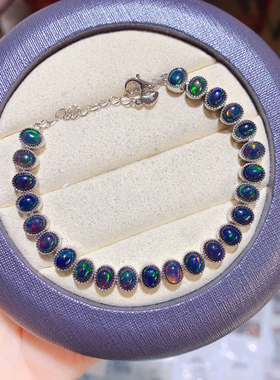 天然黑欧泊手链，925银镀白金玫瑰金镶嵌4X6mm情人节礼物