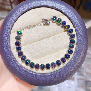 天然黑欧泊手链 925银镀白金玫瑰金镶嵌4X6mm情人节礼物