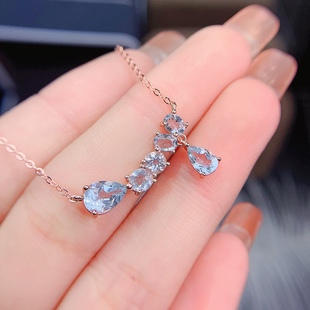 4x6mm 海蓝宝吊坠 4x4 925银精工镶嵌情人节礼物 主石尺寸：5