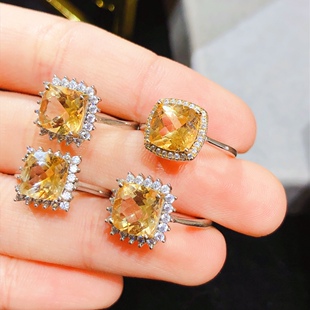 天然招财黄水晶戒指 经典款，颗颗全净体，裸石8*8mm，s925纯银母