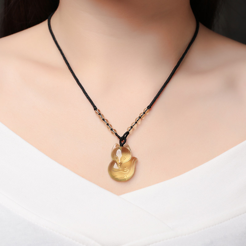 天然黄水晶小狐狸吊坠女黑绳锁骨情侣项链招财黄色狐水晶饰品礼物