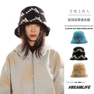 W秋冬日系复古圆顶钩针渔夫帽子男女高顶条纹盆帽潮 BEAMLIFE24A