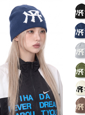 提花字母针织帽女秋冬百搭冷帽