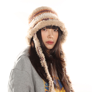 BEAMLIFE24AW秋冬保暖毛绒韩版 撞色护耳挂绳盆帽子男女手工针织帽
