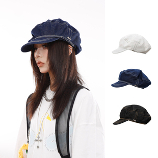 月球上的人日系复古牛仔布鸭舌帽侧戴英伦帽男女牛仔报童帽平顶帽