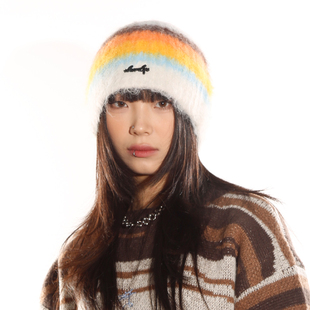 BEAMLIFE24AW原创设计彩虹配色毛绒护耳包头保暖针织毛线帽子男女