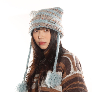 BEAMLIFE24A/W原创设计恶魔角针织韩版毛绒护耳保暖加厚帽子男女