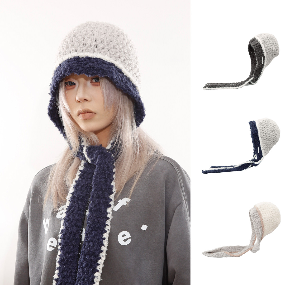 韩版复古撞色针织手工飘带护耳帽