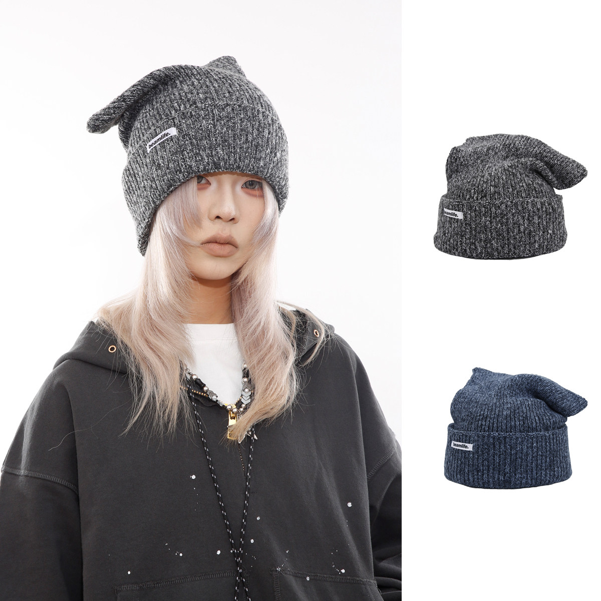 秋冬原创设计韩版猫耳朵针织冷帽