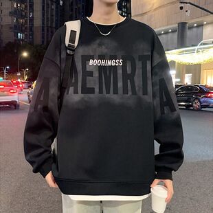 美式假两件卫衣男秋季穿搭高街嘻哈圆领上衣宽松大码重磅长袖t恤