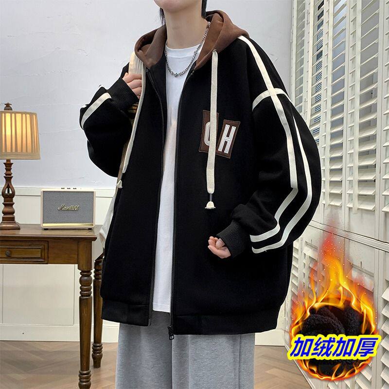 秋冬季新款连帽外套男孩初中学生夹克加绒加厚棒球服青少年衣服潮