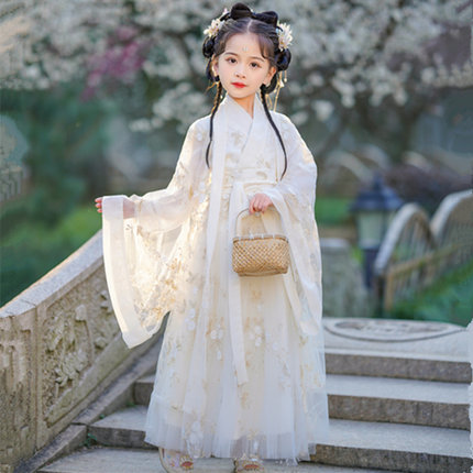 儿童汉服女童超仙宋制魏晋风米白色大童汉服古风亲子装演出春秋款