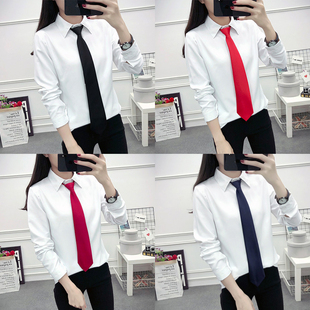 领带衬衫女秋冬2018新品韩范修身显瘦学生加绒加厚白色职业衬衣潮