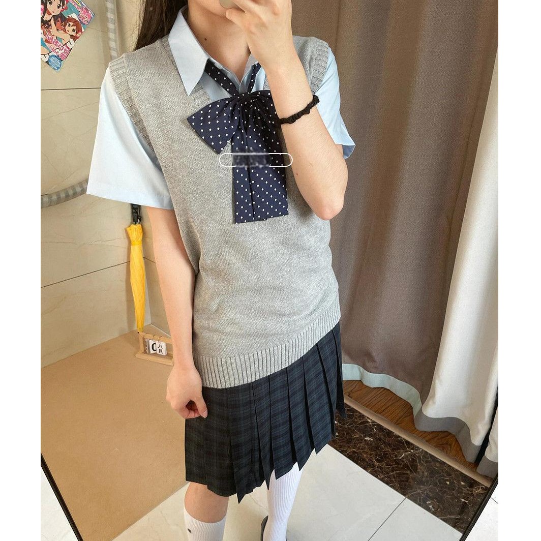 jk制服无袖背心马甲毛衣四件套上衣纯色日系学院针织衫中裙套装