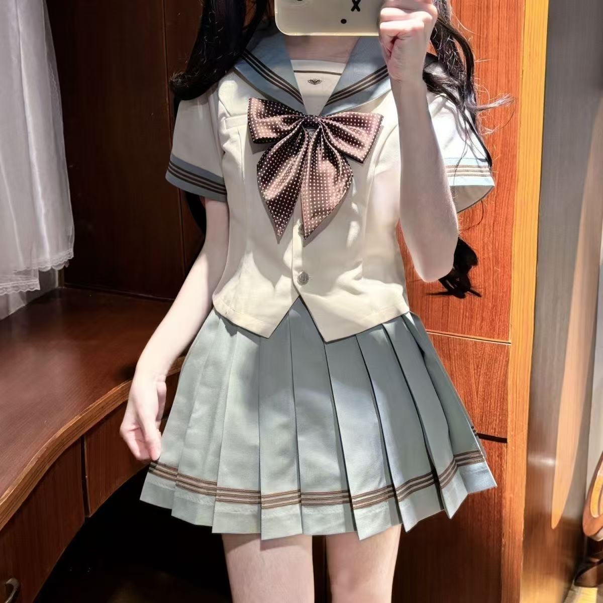 校供感jk制服甜美夏季海军蝴蝶结学院衬衫短袖百褶半身短裙套装